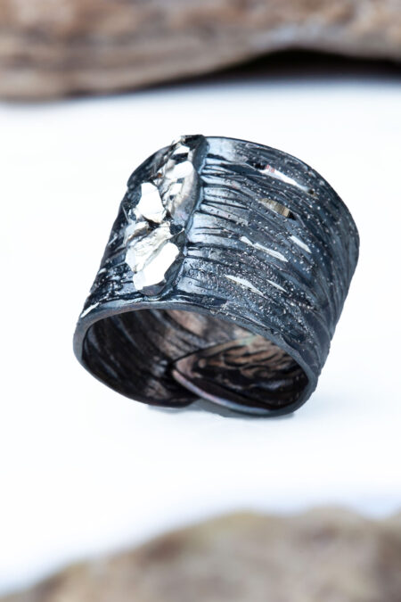 Silver black plated textured ring main