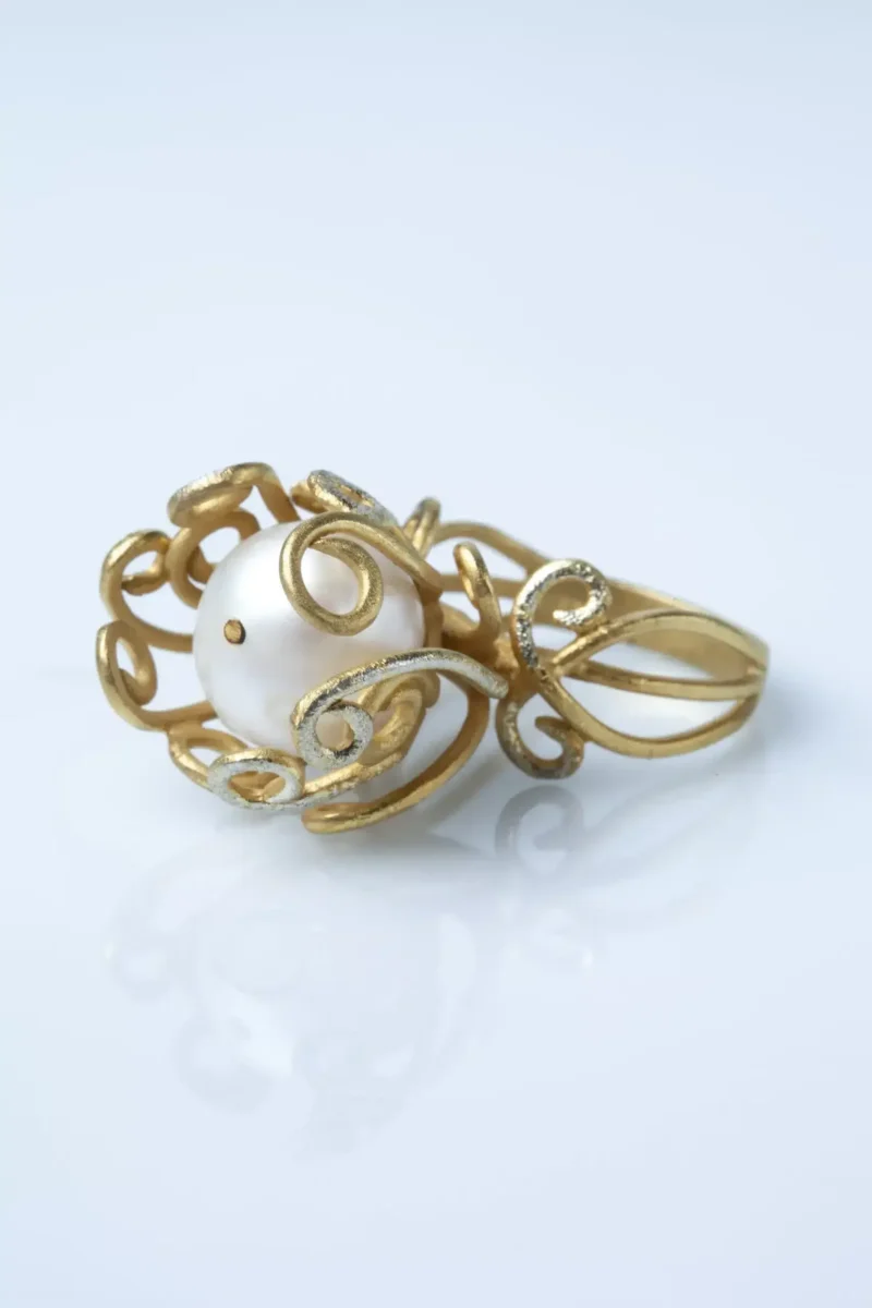 Handmade Jewellery | Gold plated silver ring with diamond dust and pearl gallery 1