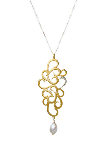 Gold plated silver long necklace with diamond dust and baroque pearl main