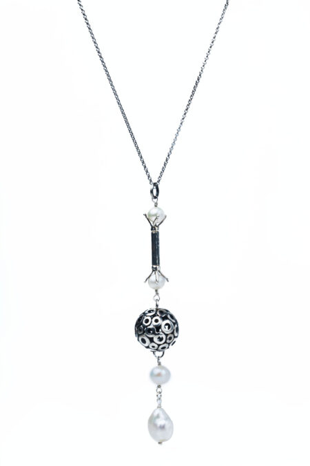 Long oxidized silver necklace 925 with pearls main