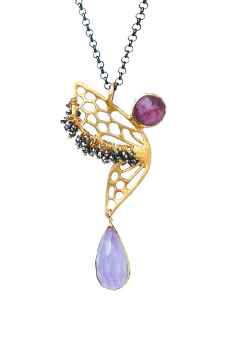 Butterfly gold plated silver necklace with ruby and amethyst gallery 1