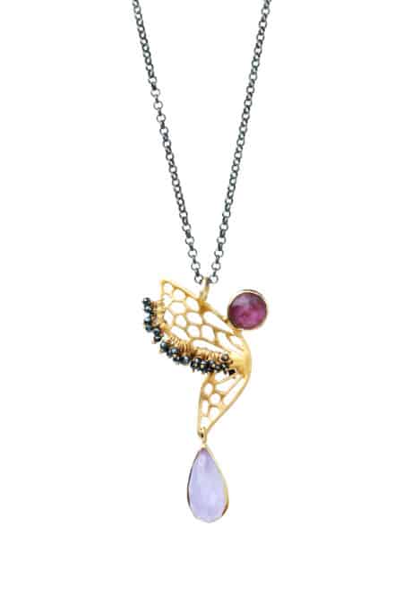 Butterfly gold plated silver necklace with ruby and amethyst main