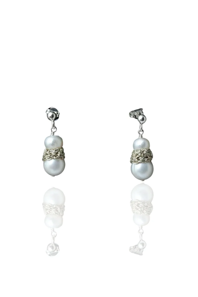 Handmade Jewellery | Crochet knit silver earrings with pearls main