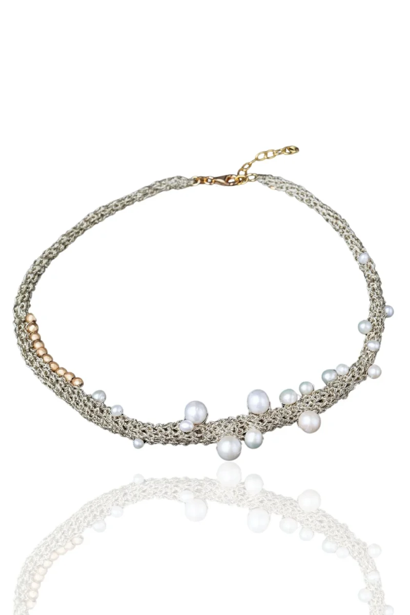 Handmade Jewellery | Crochet knit silver necklace with pearls and pyrite main