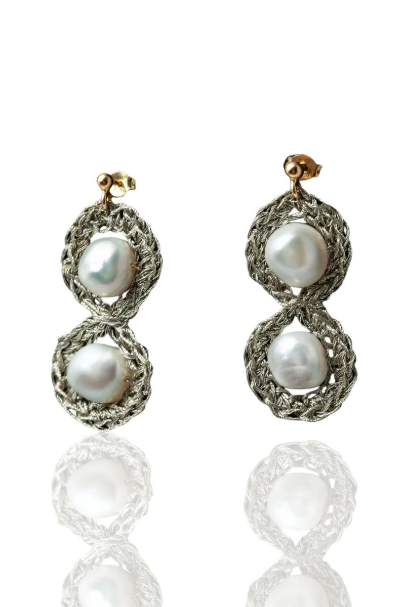 Handmade Jewellery | Crochet knit silver earrings with pearls main