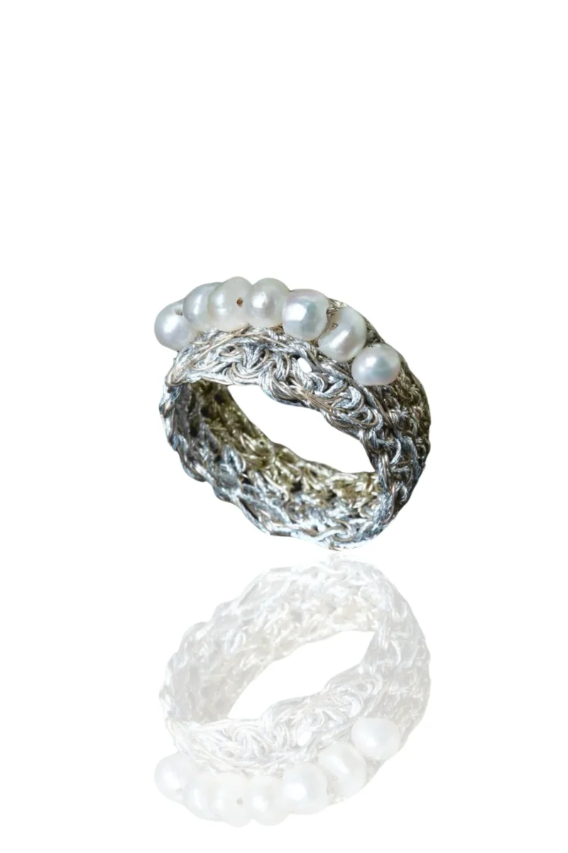 Handmade Jewellery | Crochet knit silver ring with pearls main