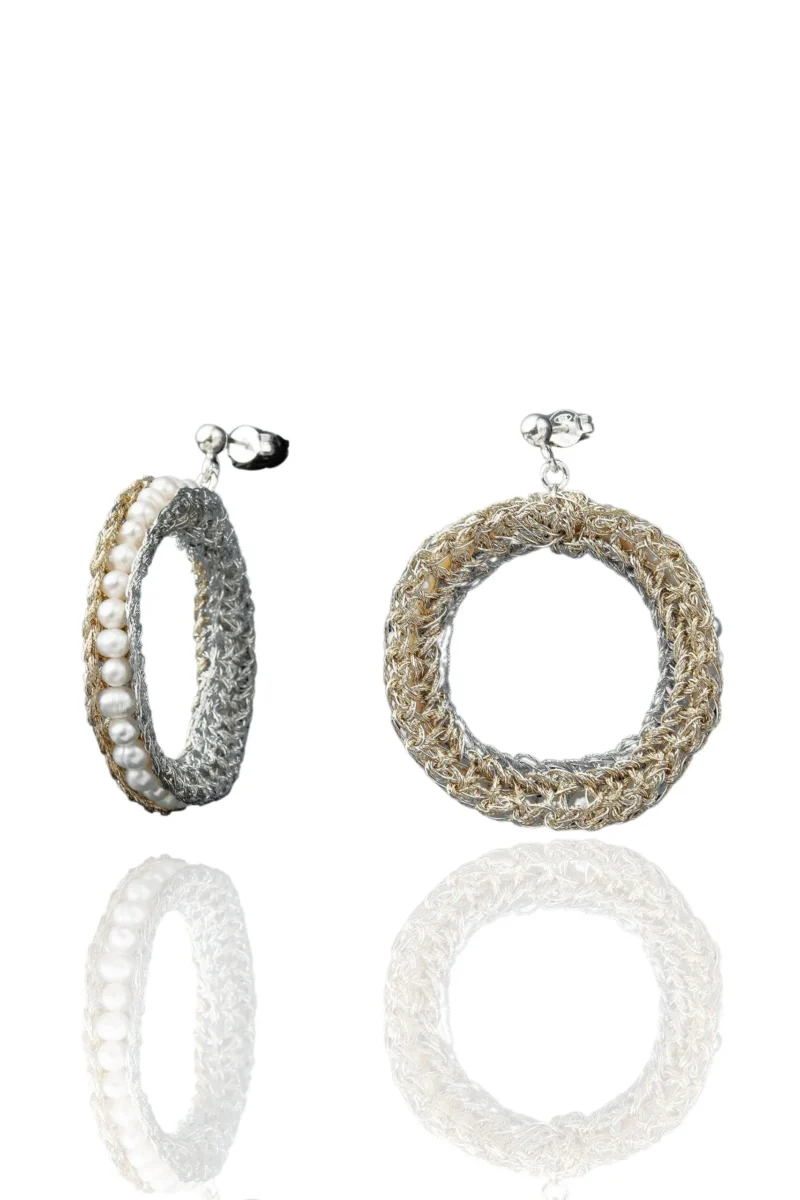 Handmade Jewellery | Round crochet knit silver earrings with pearls main