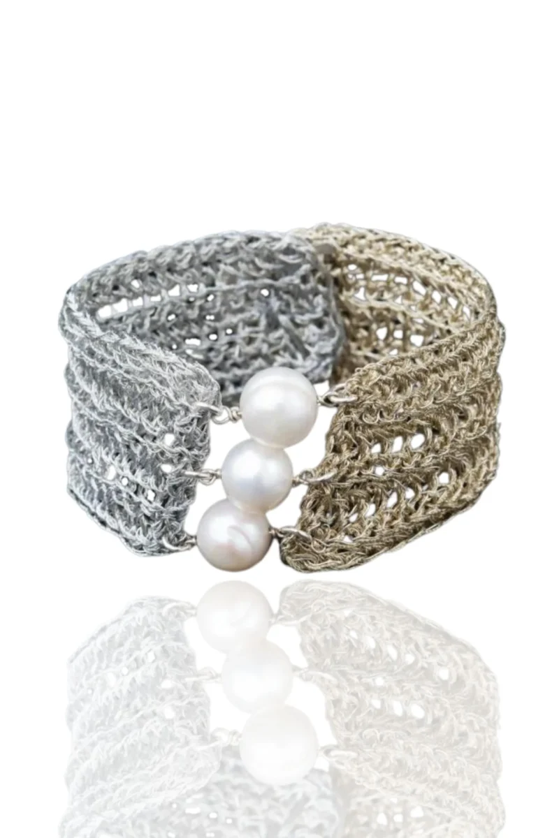 Handmade Jewellery | Crochet knit silver bracelet with golden threads and pearls main