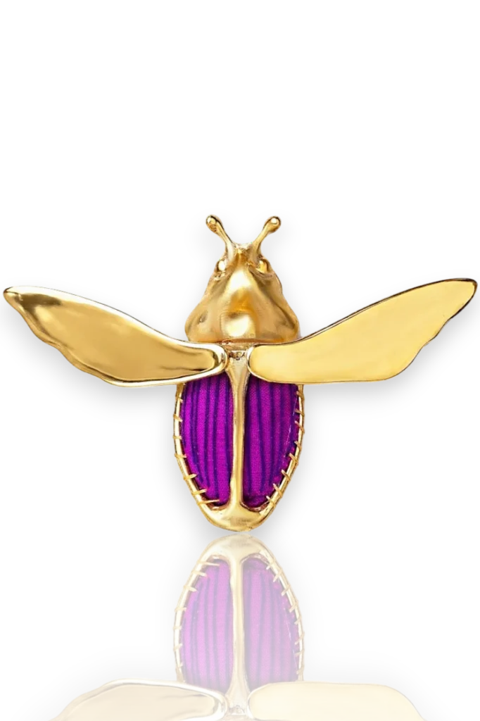Bronze Beetle Brooch with Purple Silk Body