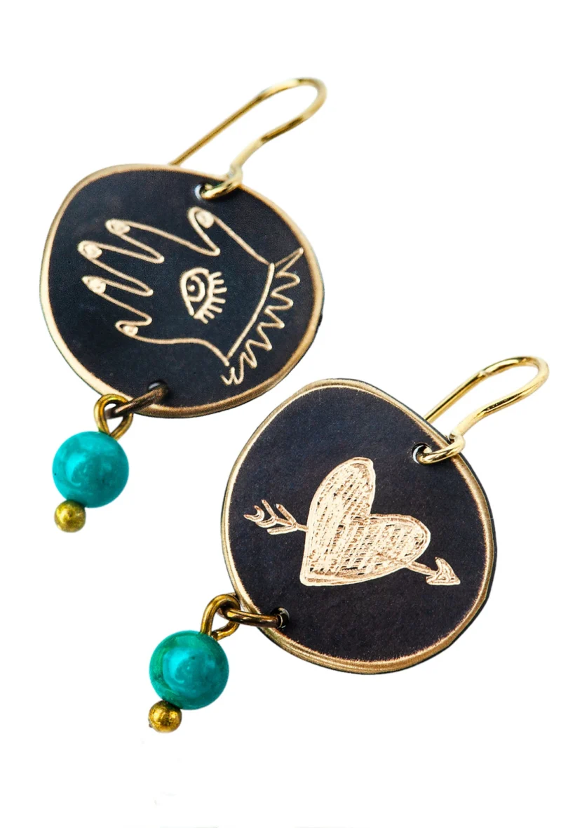 Alternative view of Cassiopeia Handmade Engraved Brass Earrings with Turquoise