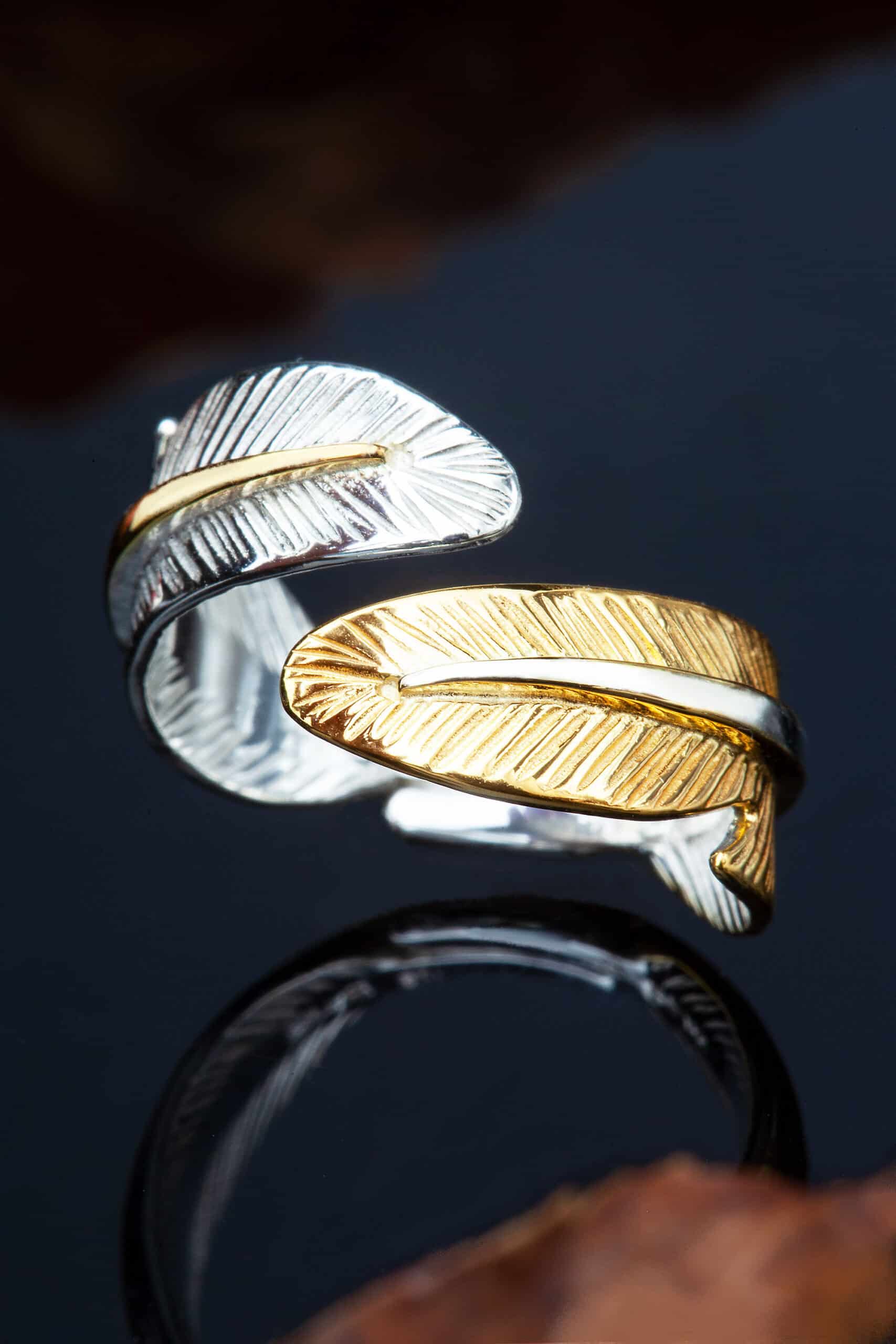 Feather silver ring gold and rhodium plated main