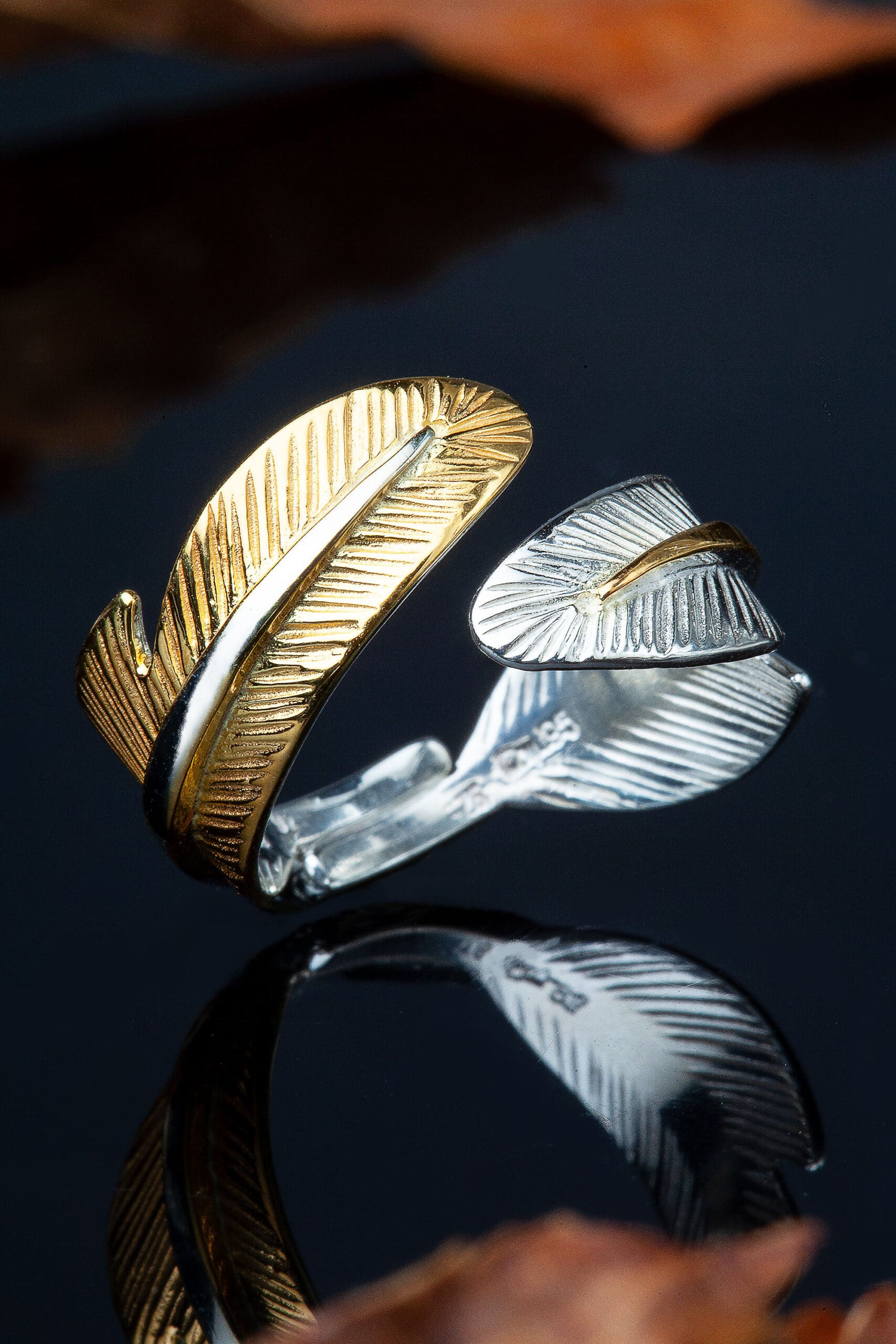 Feather silver ring gold and rhodium plated gallery 1