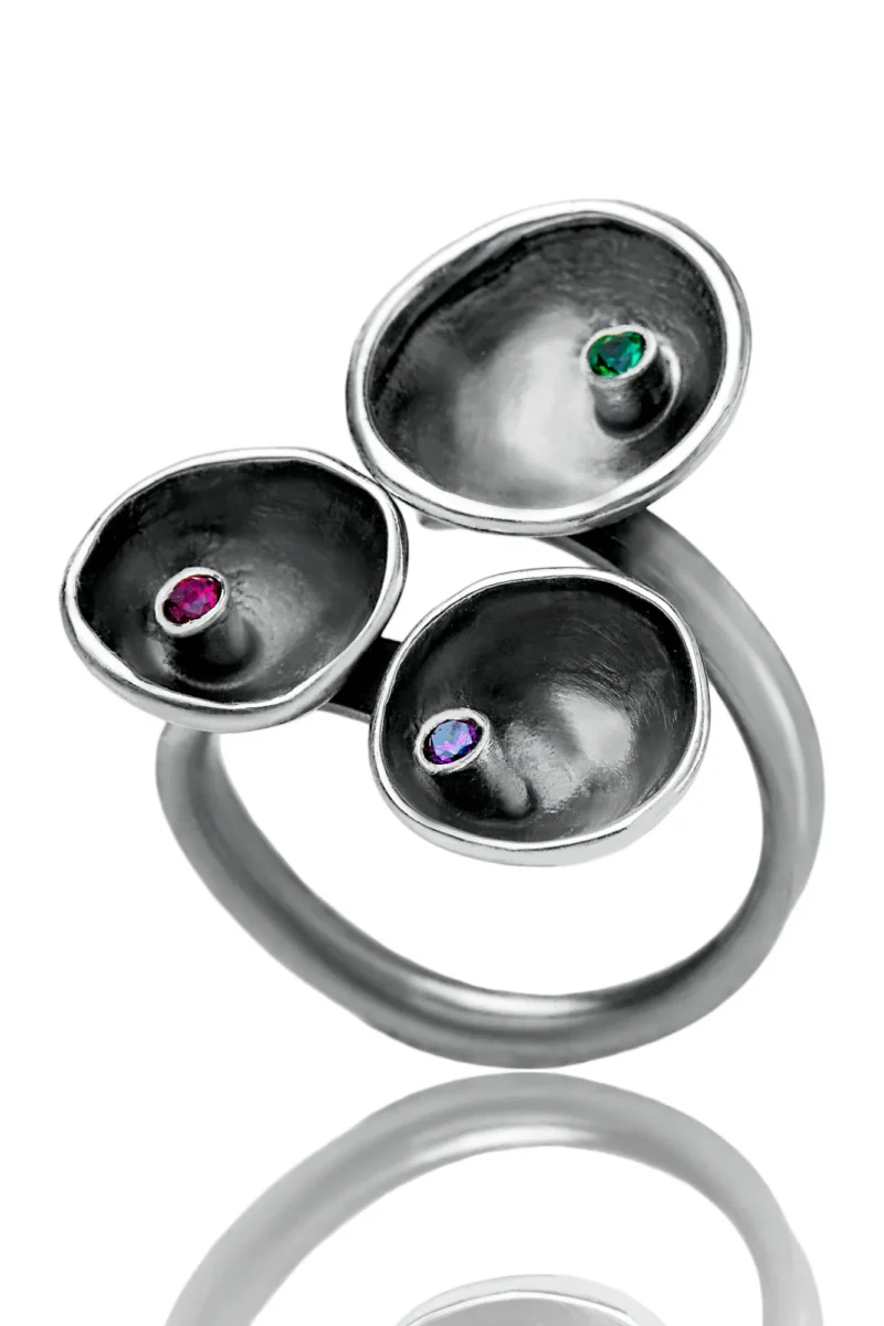 Handmade Jewellery | Handmade silver ring with green agate, amethyst and garnet gallery 1