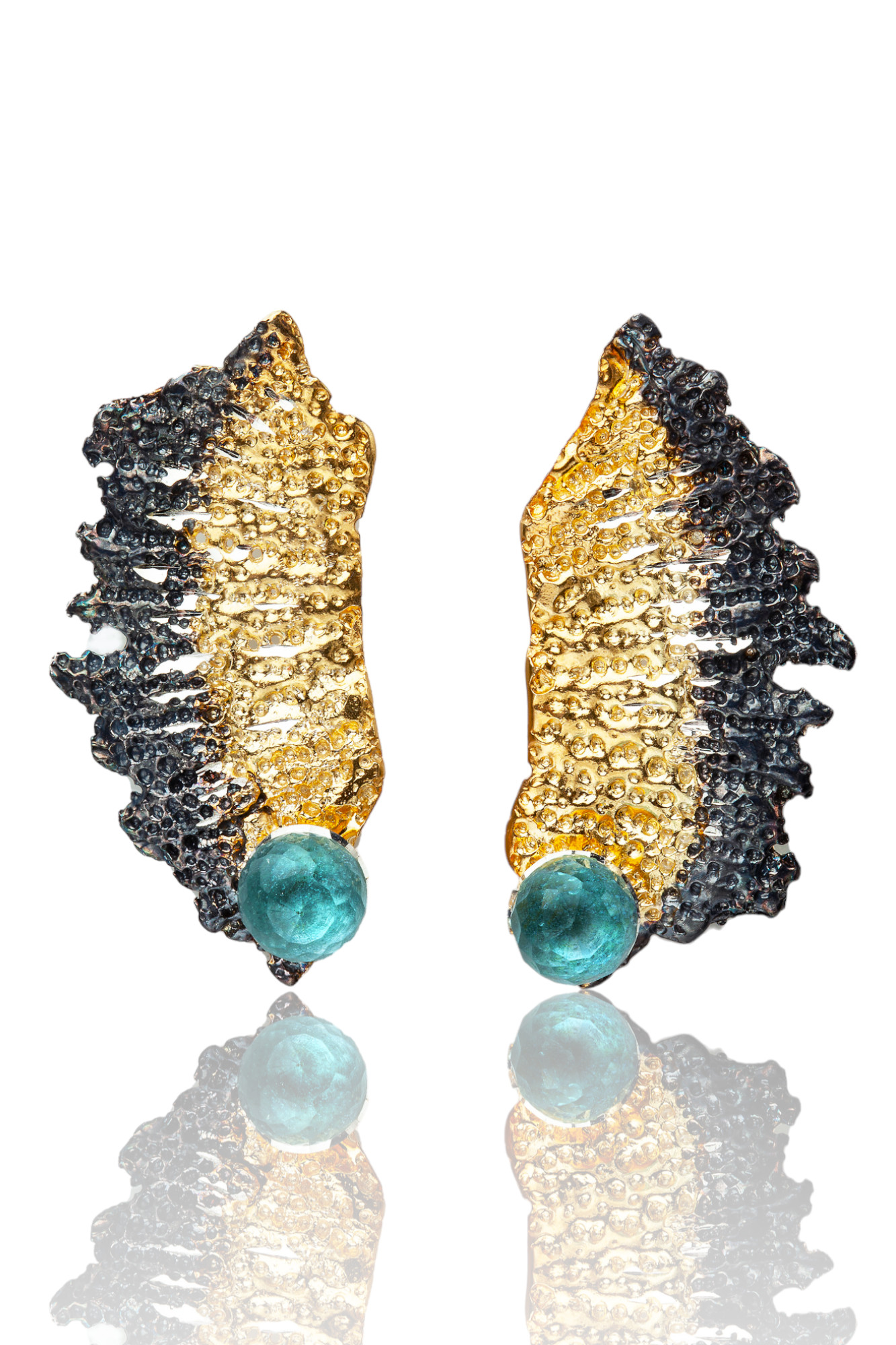 Aqua marine textured silver earring, gold and black rhodium plated