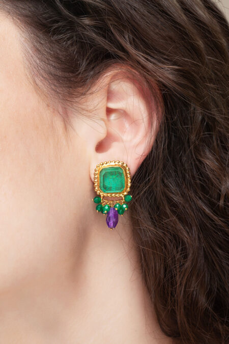Aventurine gold plated silver earrings combined with green agate and amethyst gallery 1