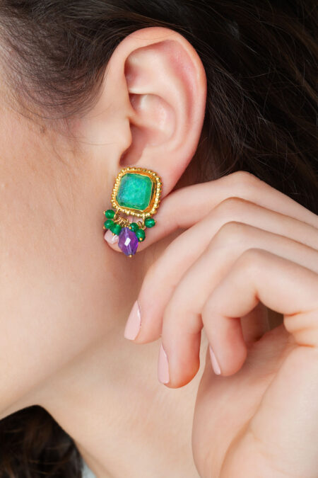 Aventurine gold plated silver earrings combined with green agate and amethyst gallery 2