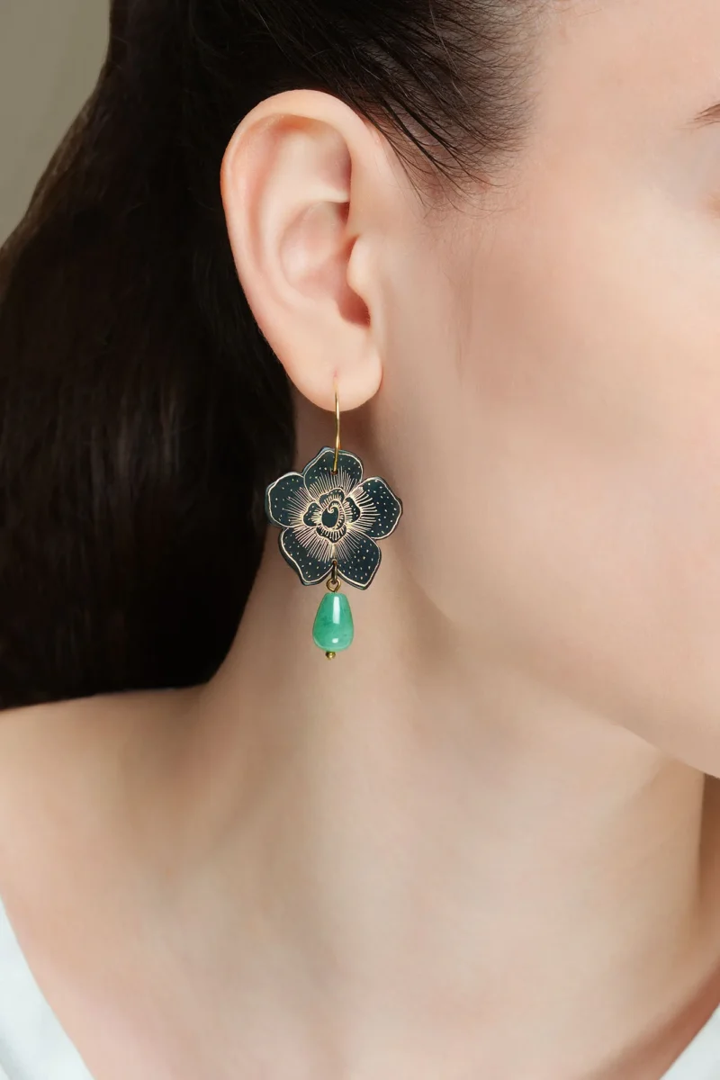 Handmade Jewellery | Flower engraved bronze earrings with green jade gallery 1