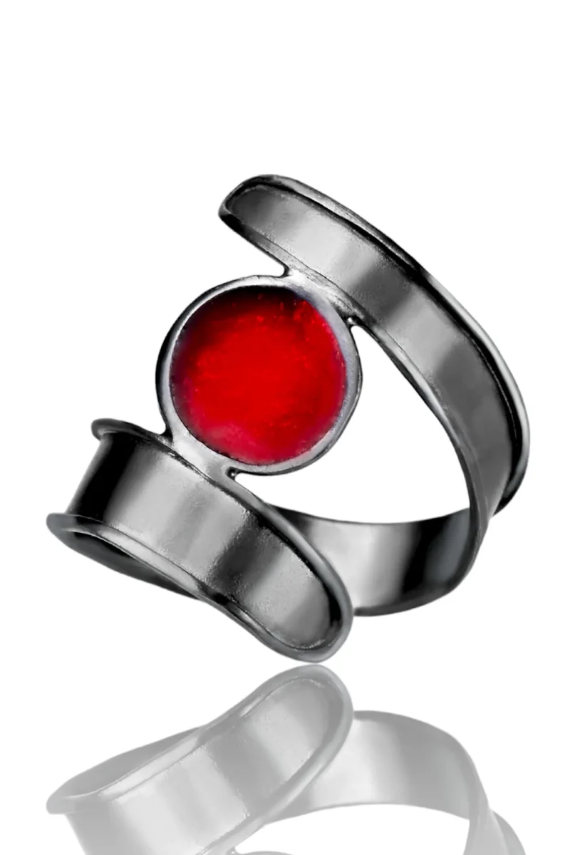Handmade Jewellery | Handmade silver black ring with red enamel gallery 2