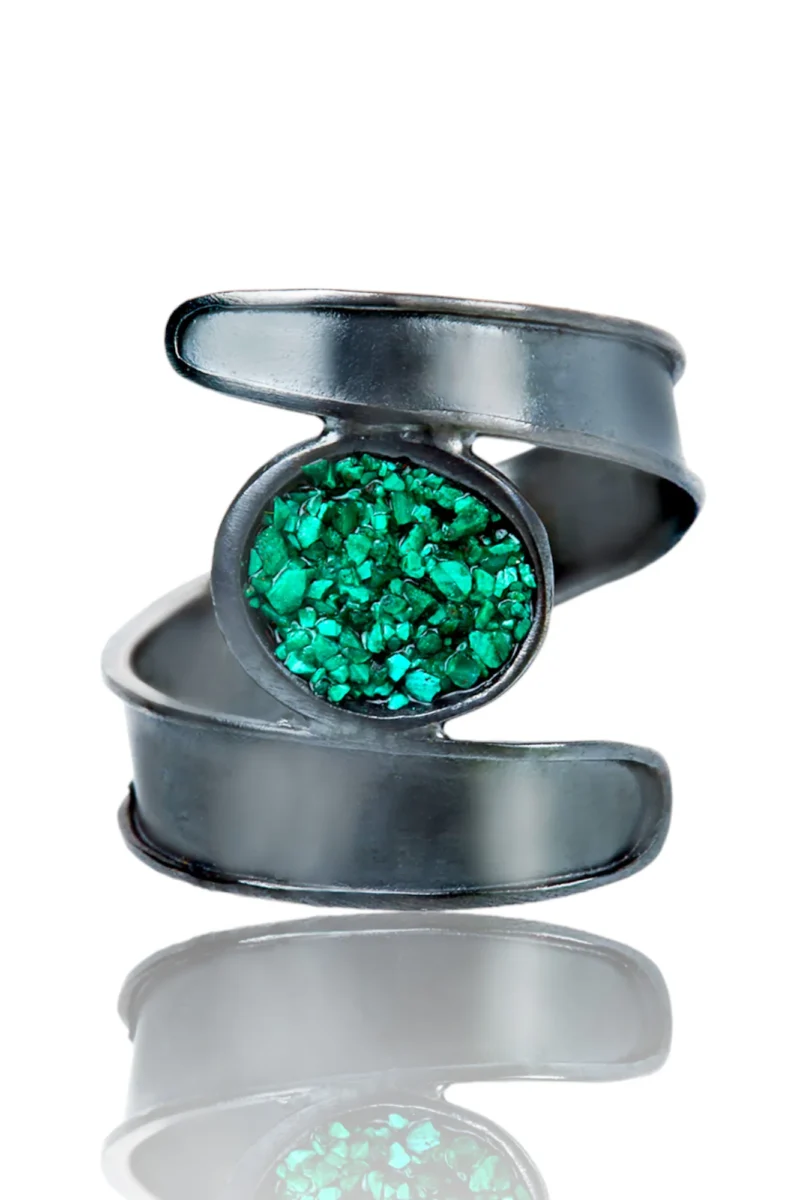 Handmade Jewellery | Handcrafted Oxidized Silver Ring with Crushed Malachite gallery 1