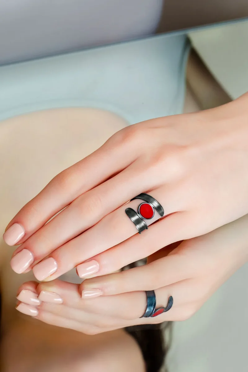 Handmade Jewellery | Handmade silver black ring with red enamel gallery 1