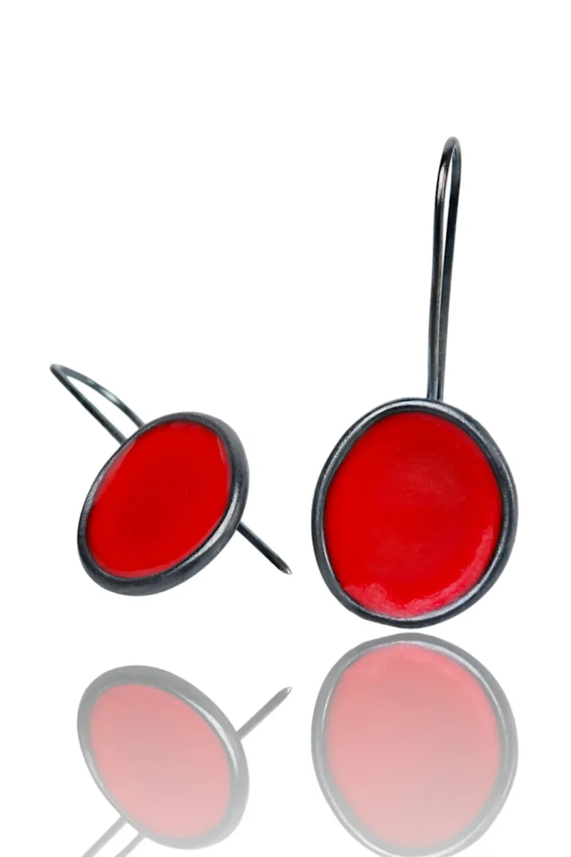 Handmade Jewellery | Elegant silver black earrings with red enamel gallery 1