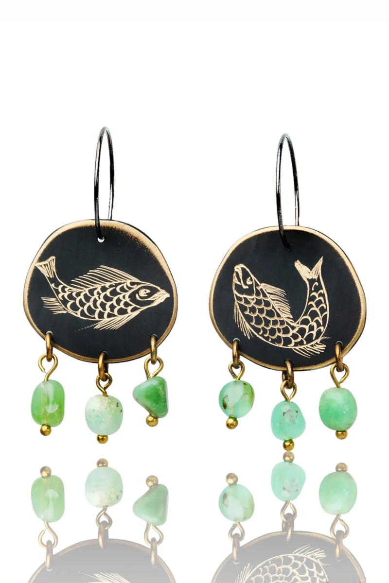Handmade Jewellery | Fish engraved earrings with chrysoprase main