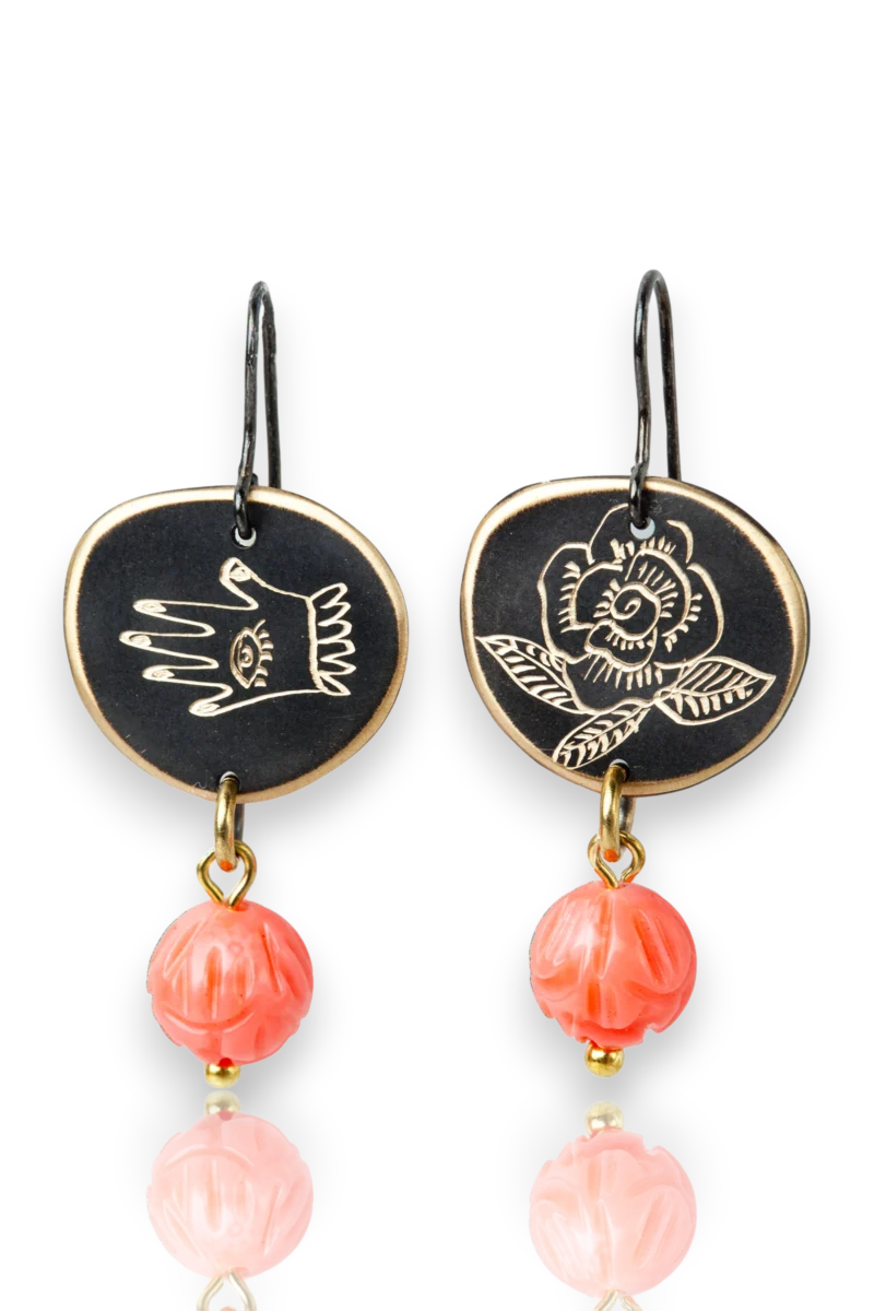 Handmade Engraved Brass Earrings with Coral Beads