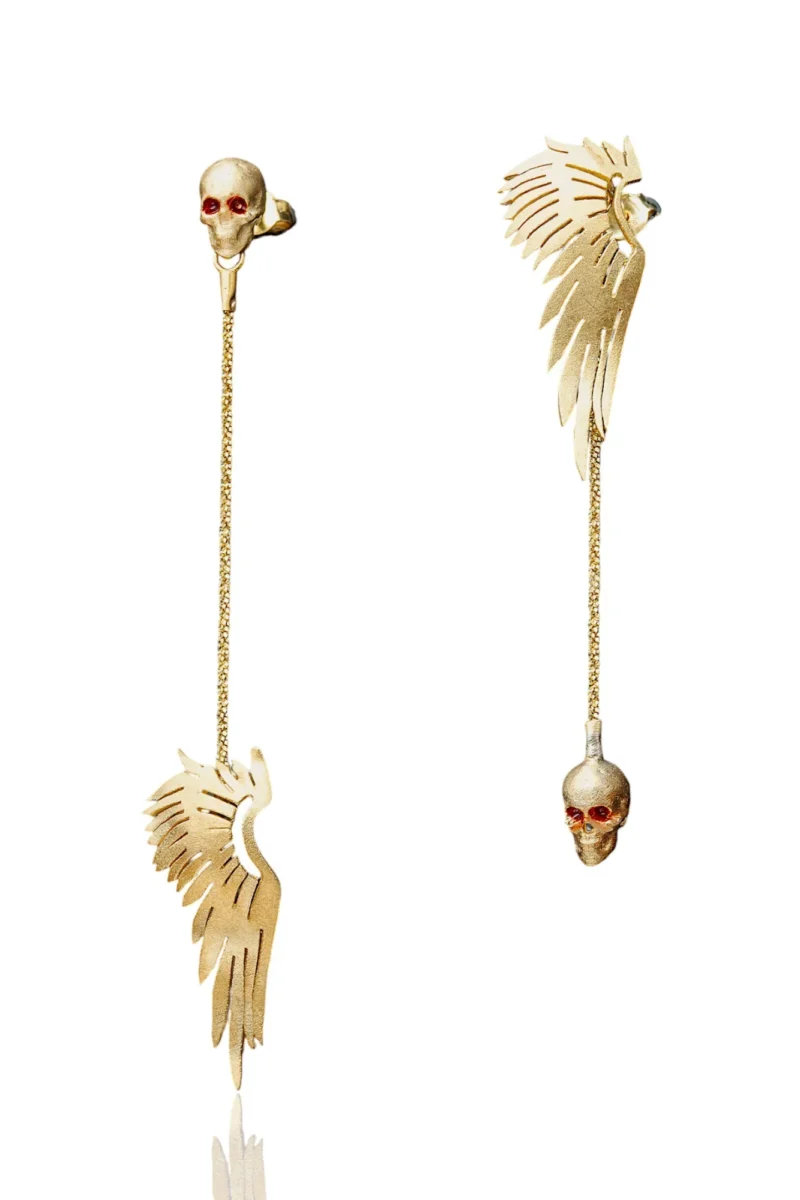 Handmade Jewellery | Wings and skulls gold plated silver earrings main