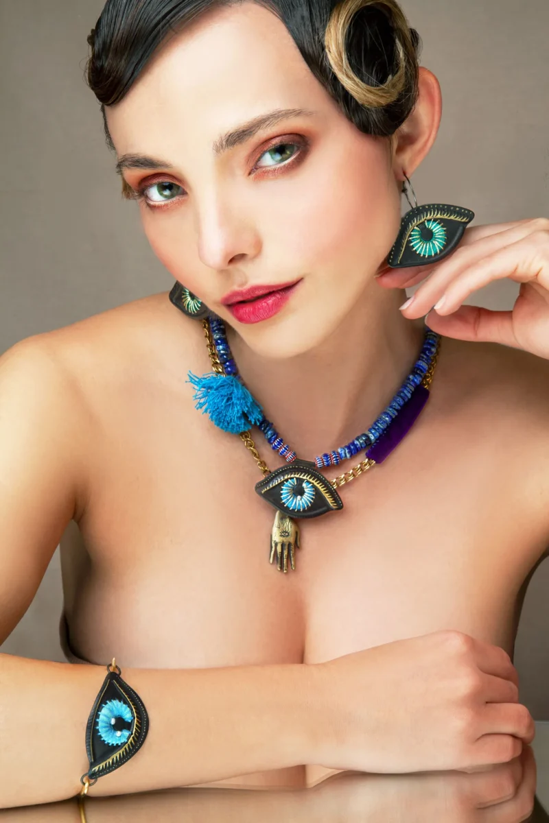 Handmade Jewellery | Eye engraved bronze necklace with lapis lazuli gallery 1