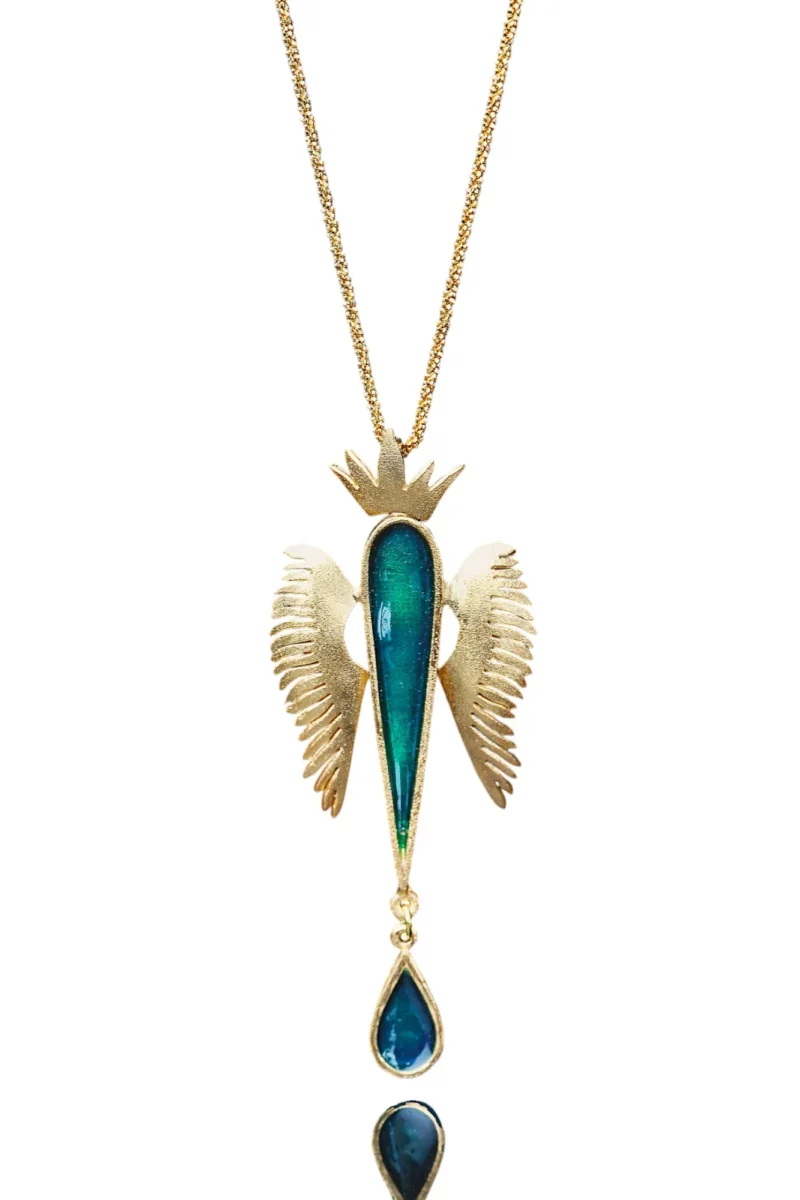 Handmade Jewellery | Angel wings gold plated silver necklace with green enamel main
