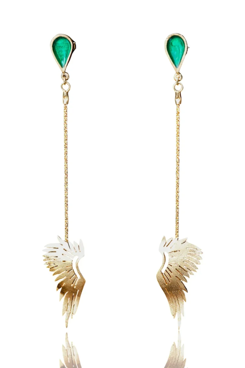 Handmade Jewellery | Angel wings gold plated silver earrings with green enamel main