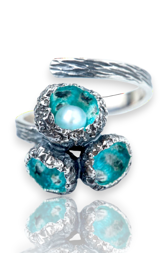 Handmade Textured Silver Ring with Turquoise Enamel & Pearl