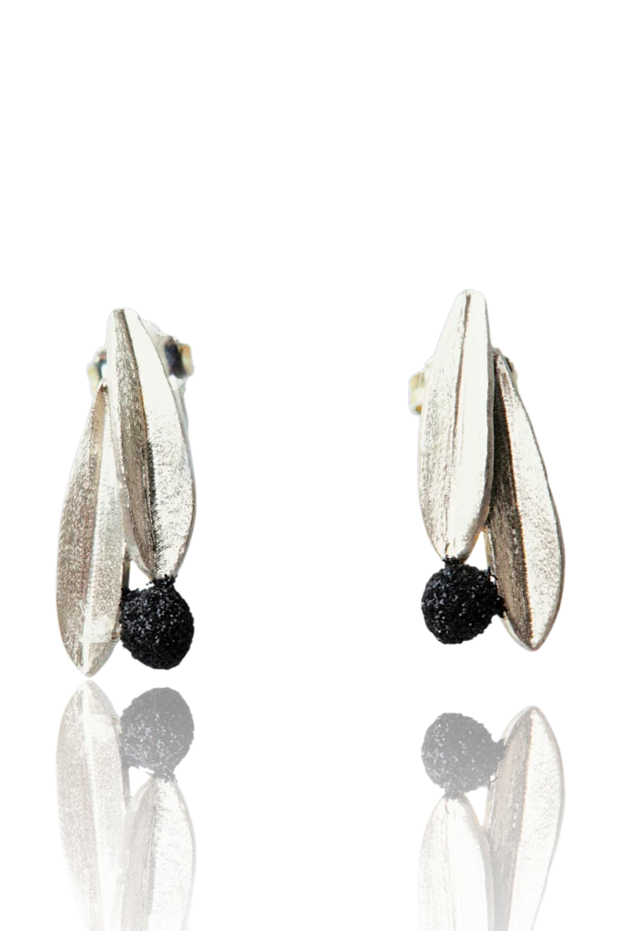 Handmade Silver Olive Leaf Stud Earrings with Lava