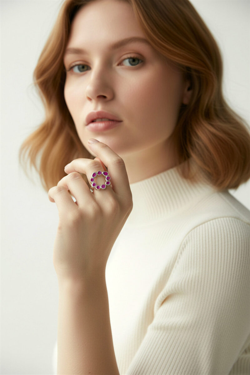 Handmade Jewellery | Wreath handmade silver ring with lilac enamel gallery 1