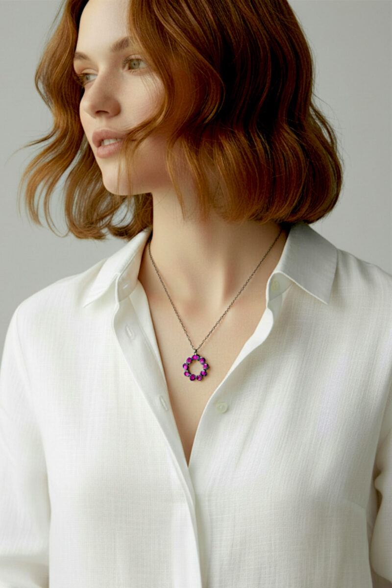 Handmade Jewellery | Wreath black plated silver necklace with lilac enamel gallery 1