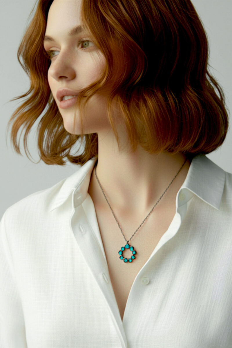 Handmade Jewellery | Wreath black plated silver necklace with turquoise enamel gallery 1