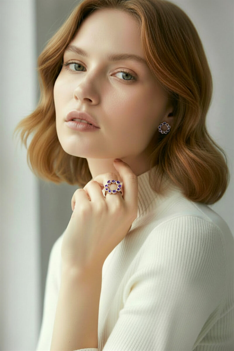 Handmade Jewellery | Wreath handmade silver ring with purple enamel gallery 1