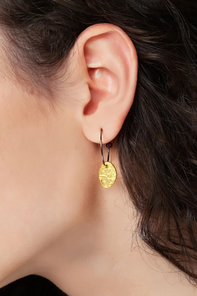 Handmade Jewellery | Textured oval gold and black plated silver earrings gallery 1
