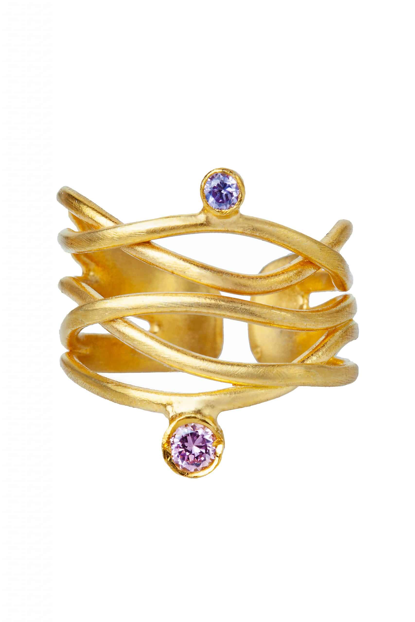Waves gold plated silver ring with zircon main