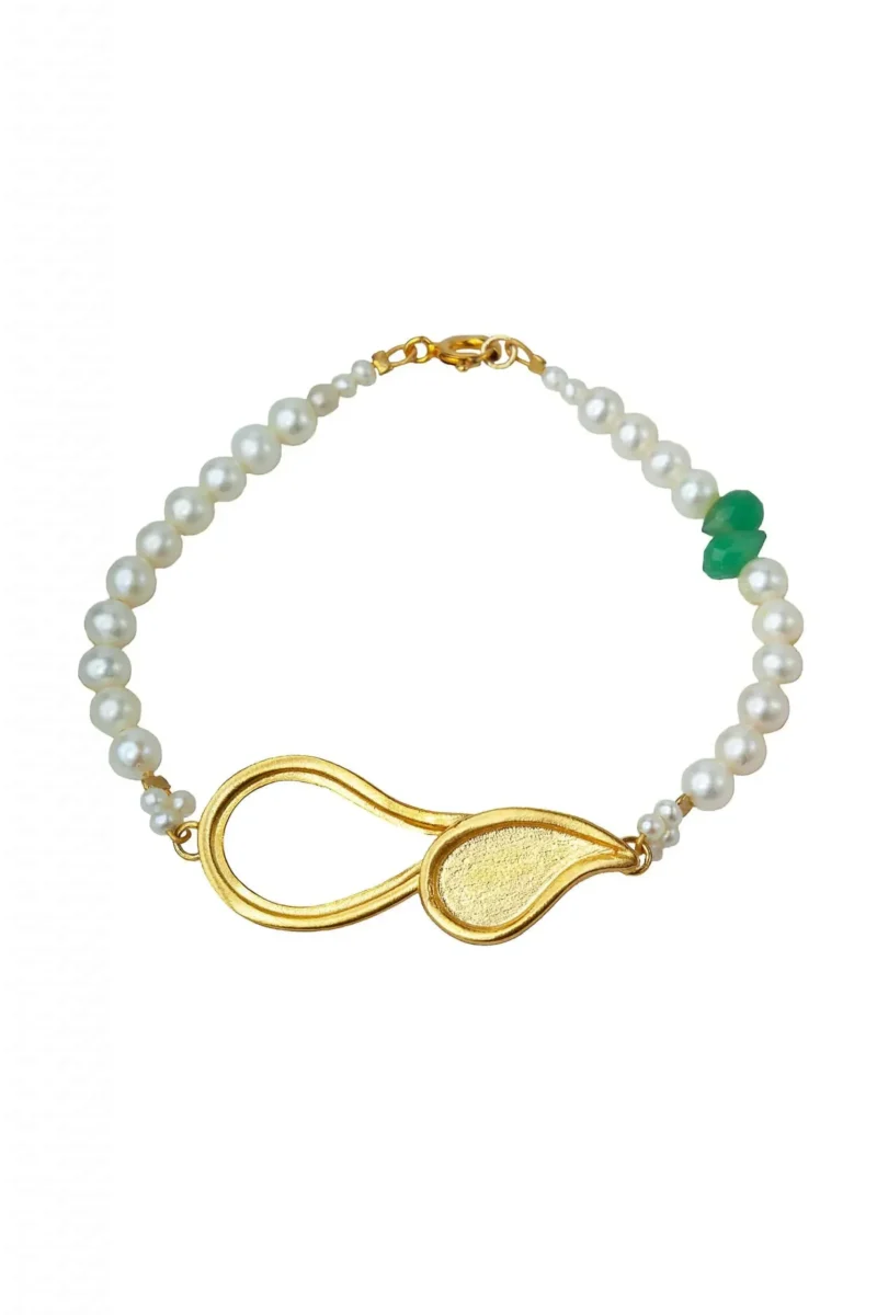 Handmade Jewellery | Paisley and pearls gold plated silver bracelet main