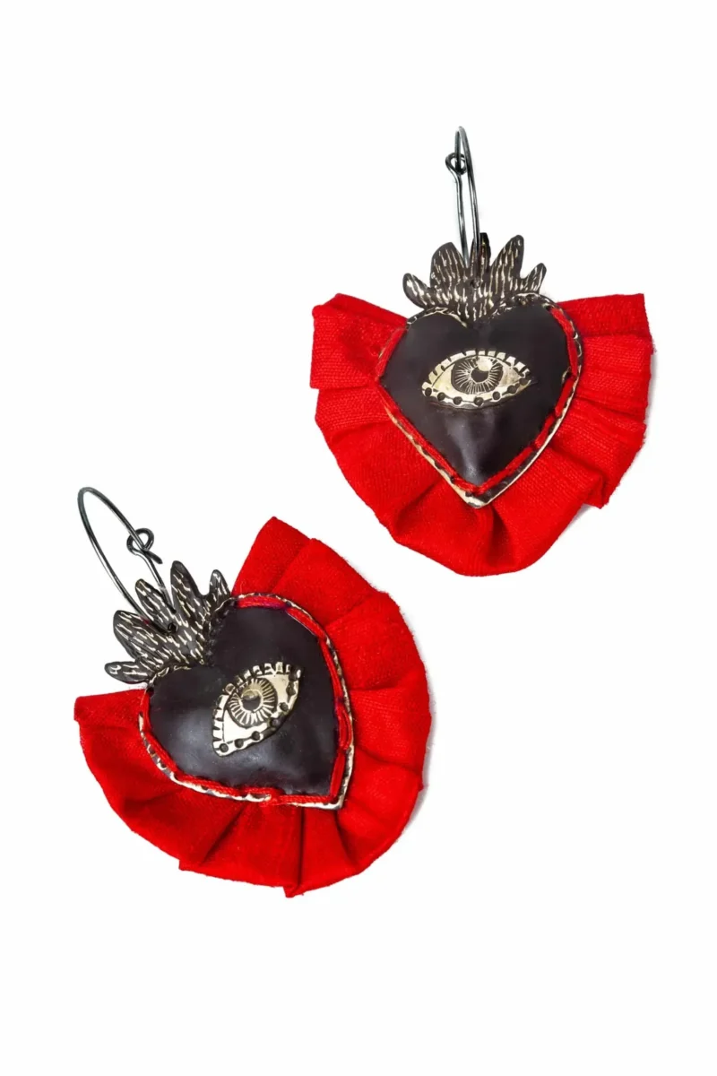 Handmade Jewellery | Hearts engraved silver and bronze earrings with red silk gallery 1