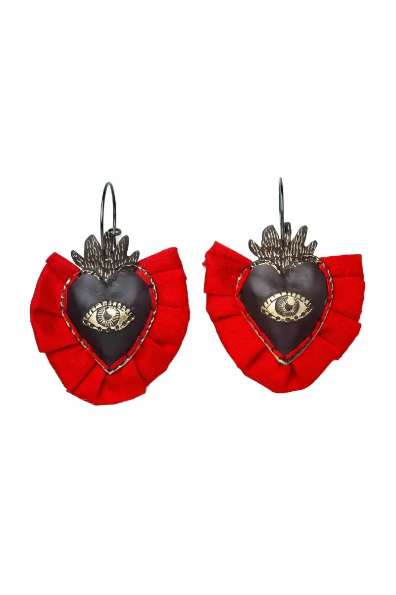 Handmade Jewellery | Hearts engraved silver and bronze earrings with red silk main