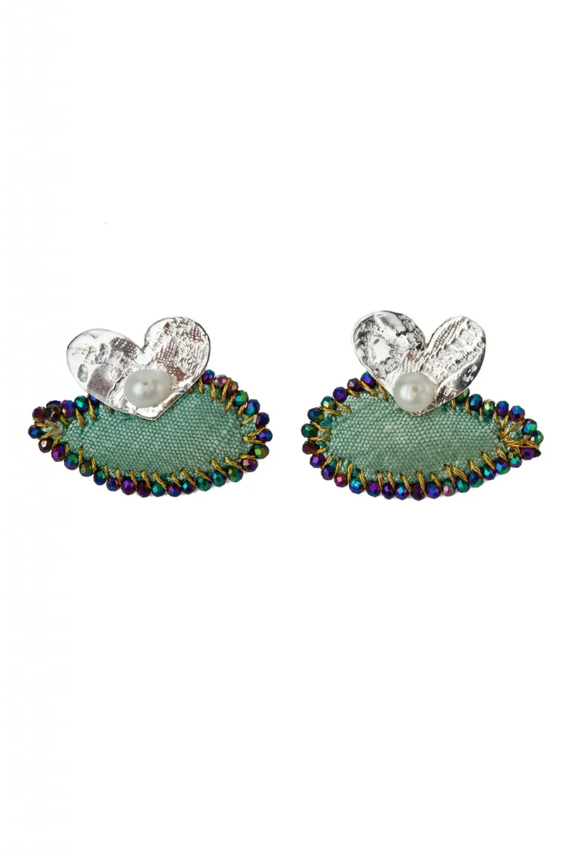 Handmade Jewellery | Hearts silver earrings with green fabric main