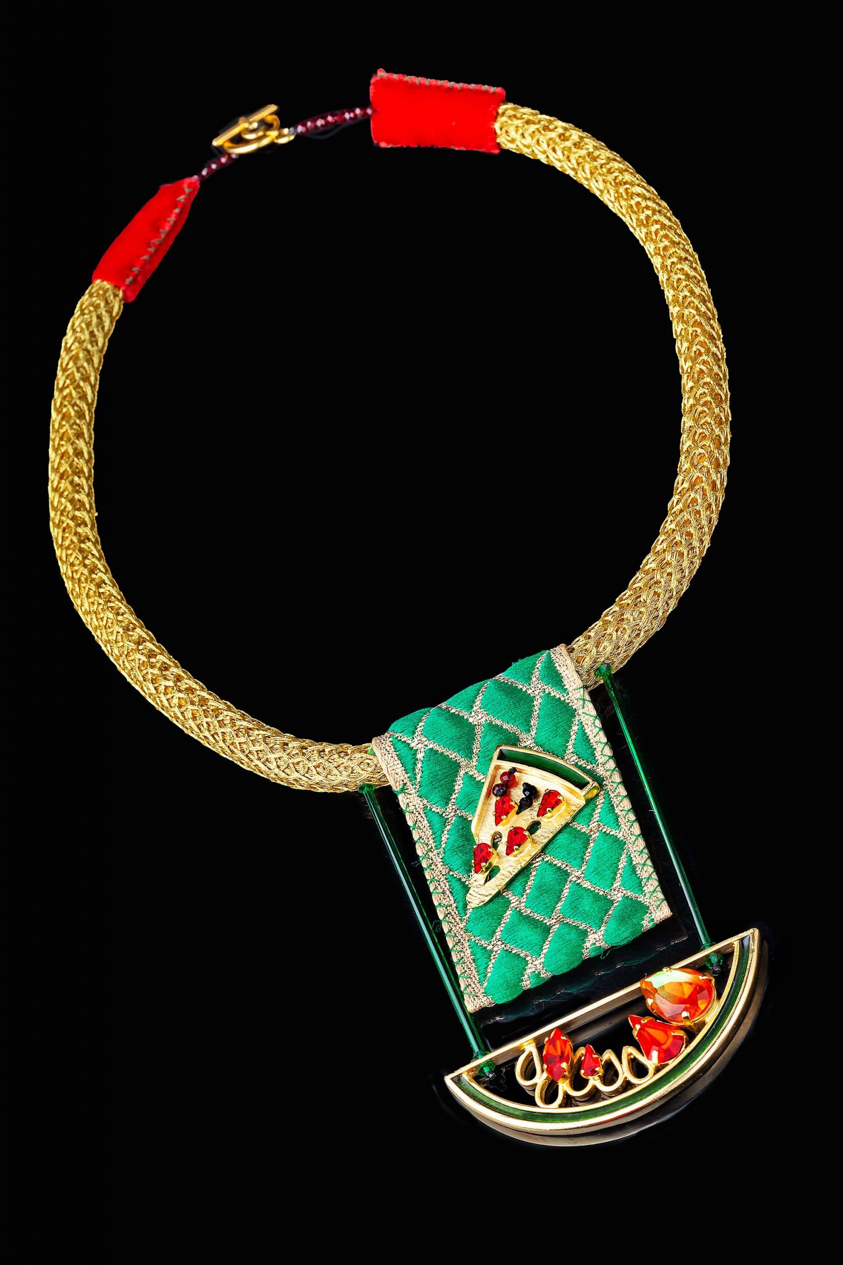 Watermelon gold plated bronze necklace with swarovski crystals gallery 2