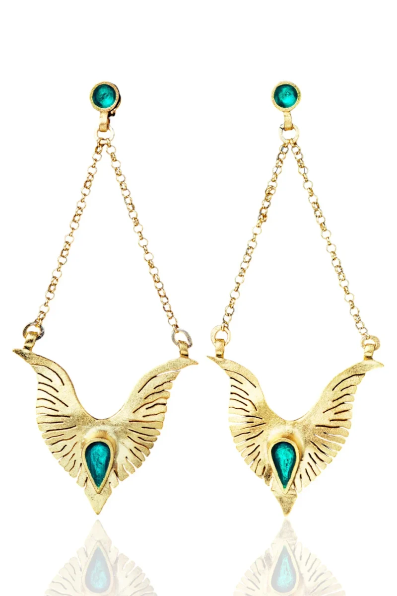 Handmade Jewellery | Wings gold plated silver earrings with turquoise enamel main