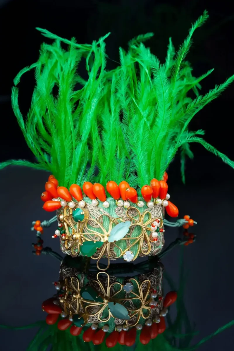 Handmade Jewellery | Handmade flowers gold plated bronze bracelet with feathers gallery 1
