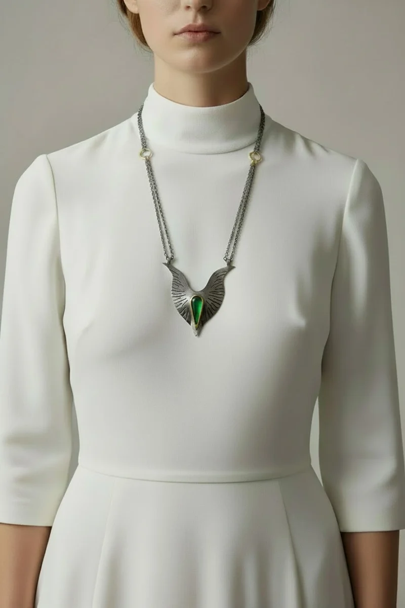 Alternative view of Handmade Silver Wing Necklace with Green Enamel
