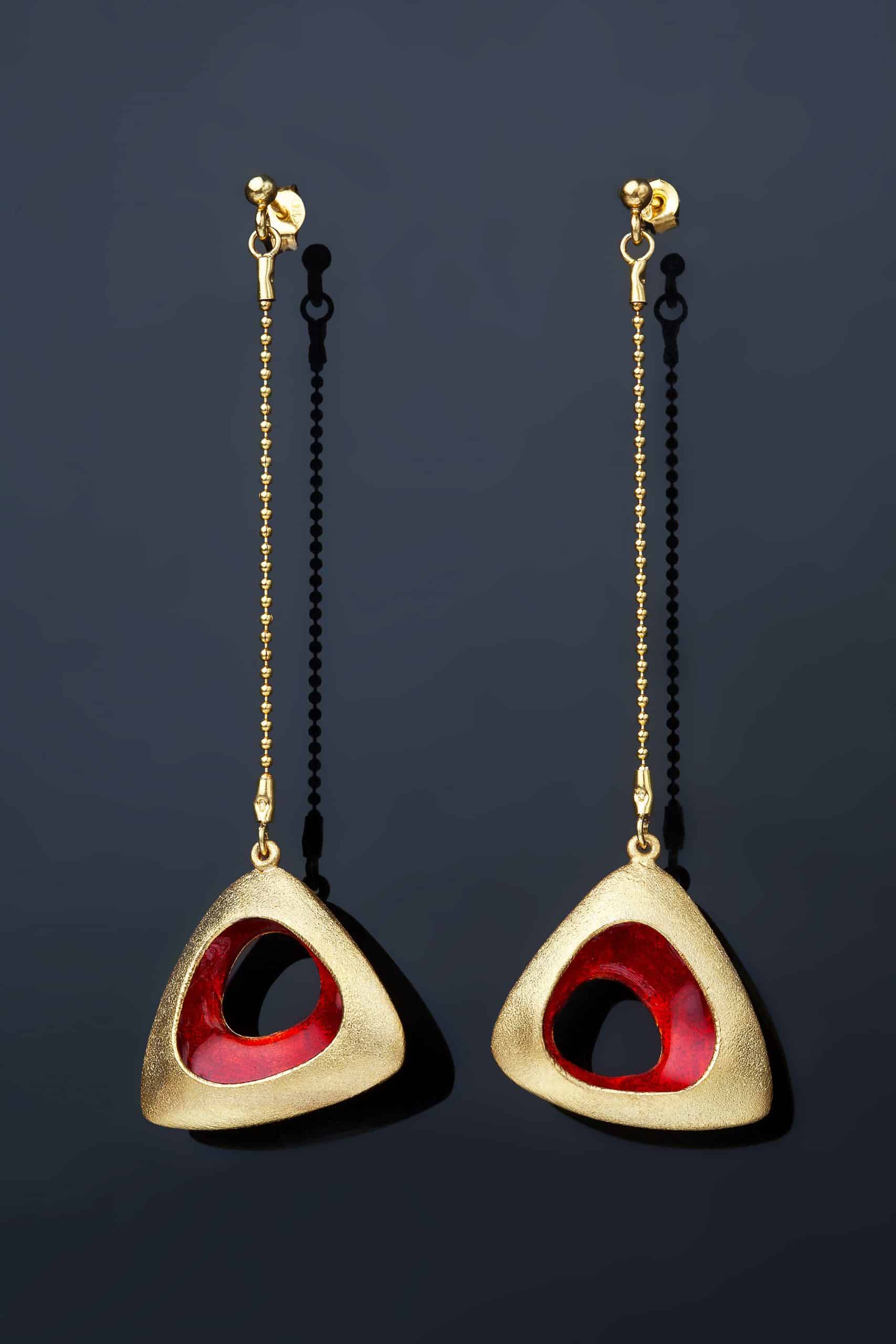 Triangle gold plated silver earrings with red enamel gallery 1
