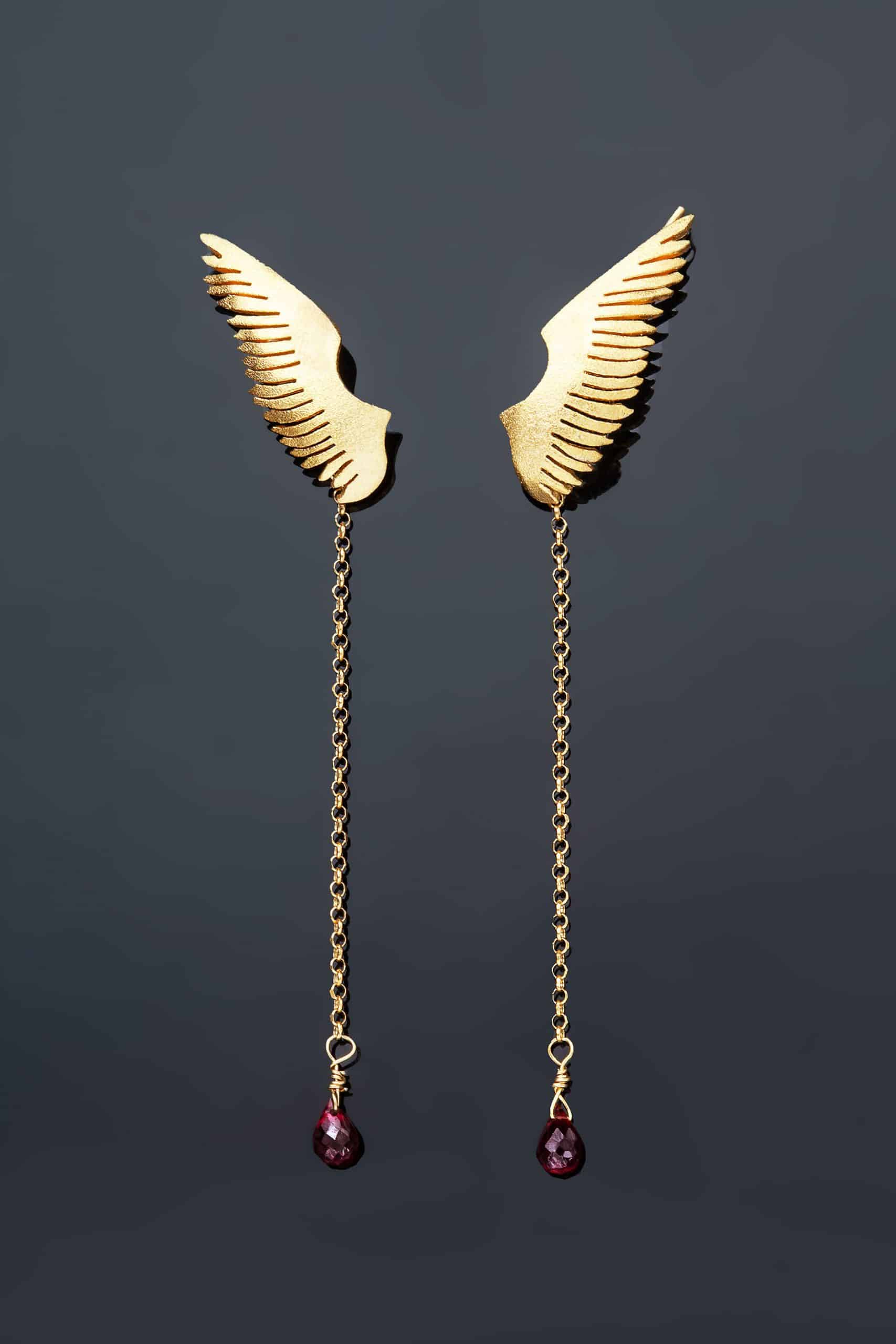 Wings gold plated silver earrings with garnet gallery 1