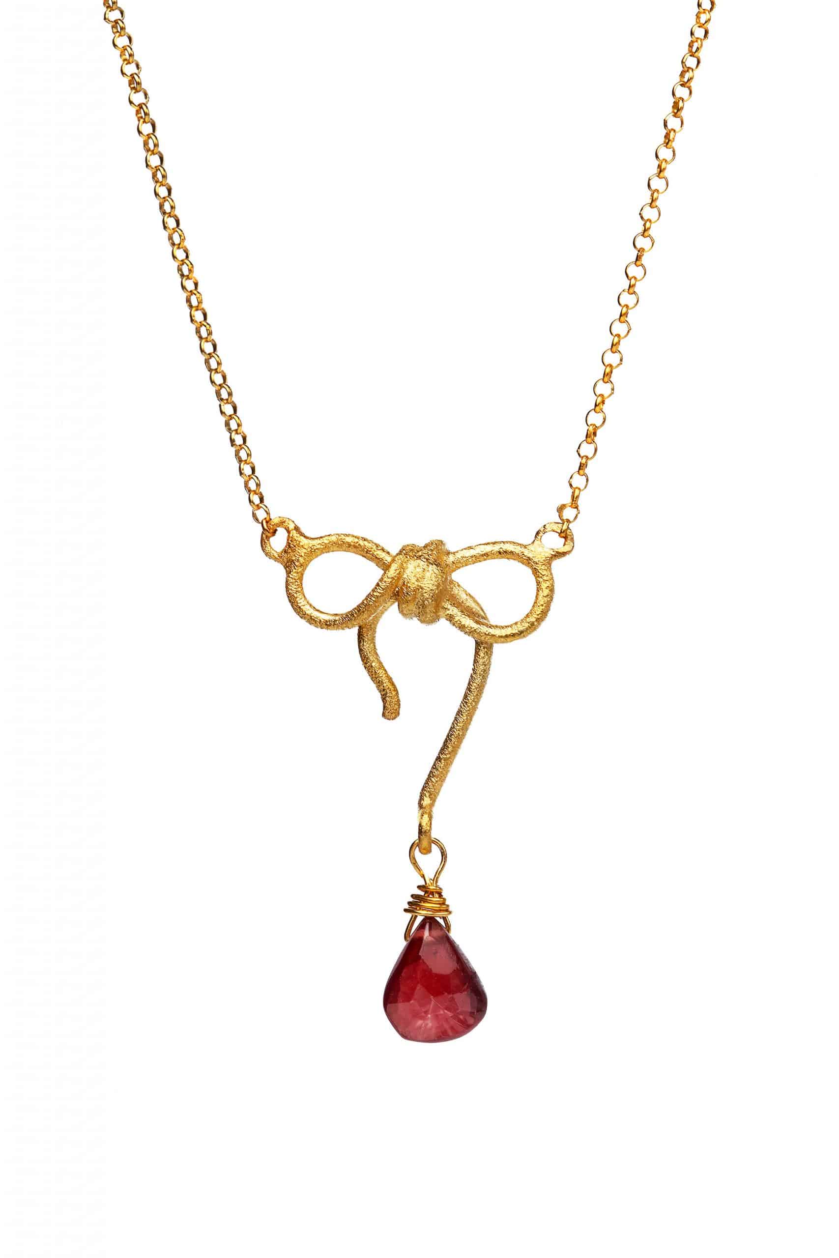 Bow and garnet gold plated silver necklace gallery 1